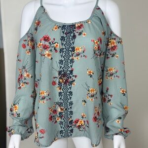 Rewind Sage Green Floral Boho Blouse Short Sleeve Keyhole Back Top
